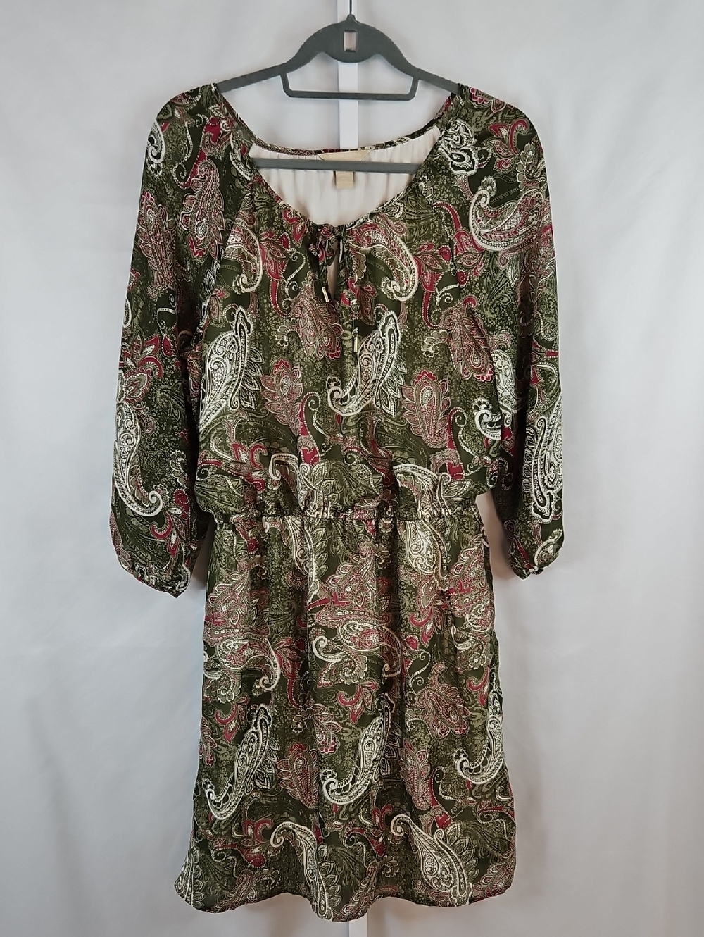 Banana Republic Paisley Print Olive Green Tie-Neck Women’s Dress Size 12
